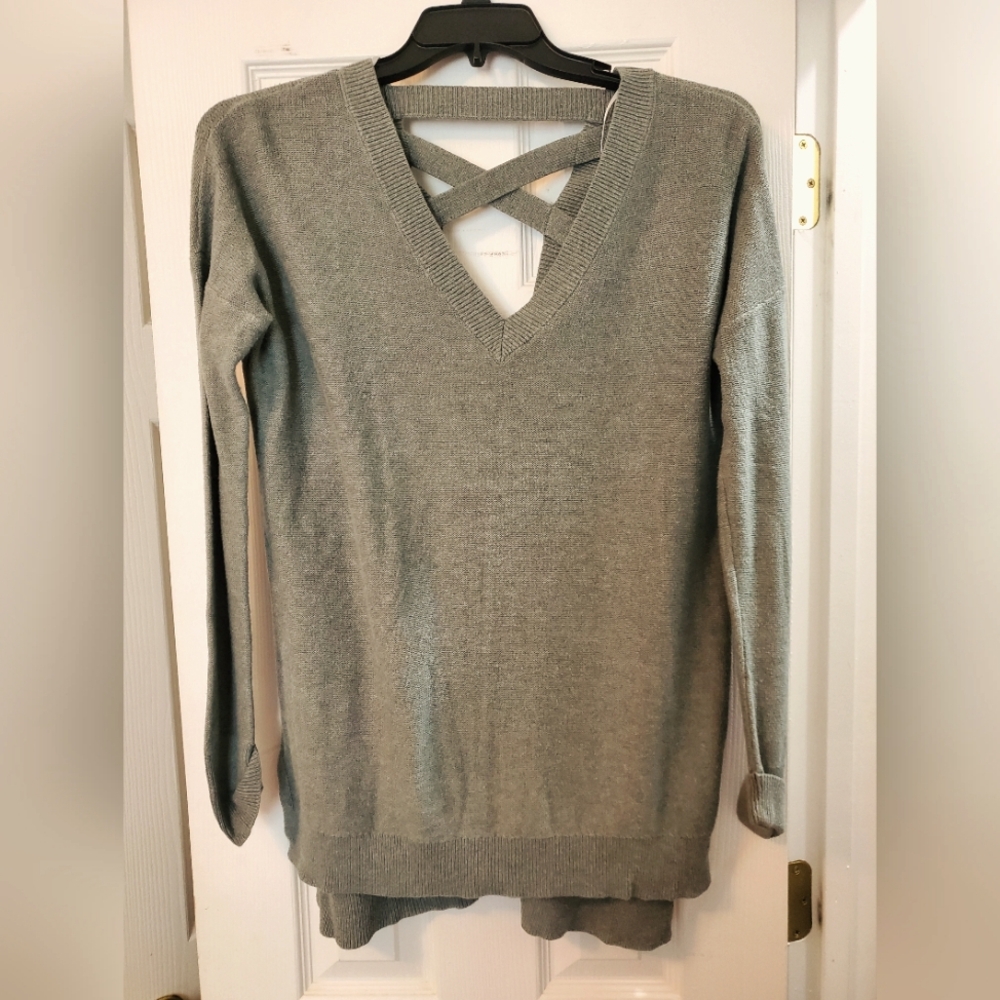 Women's V-Neck Sweater with Cross Back Detail - Suttle Green In Color